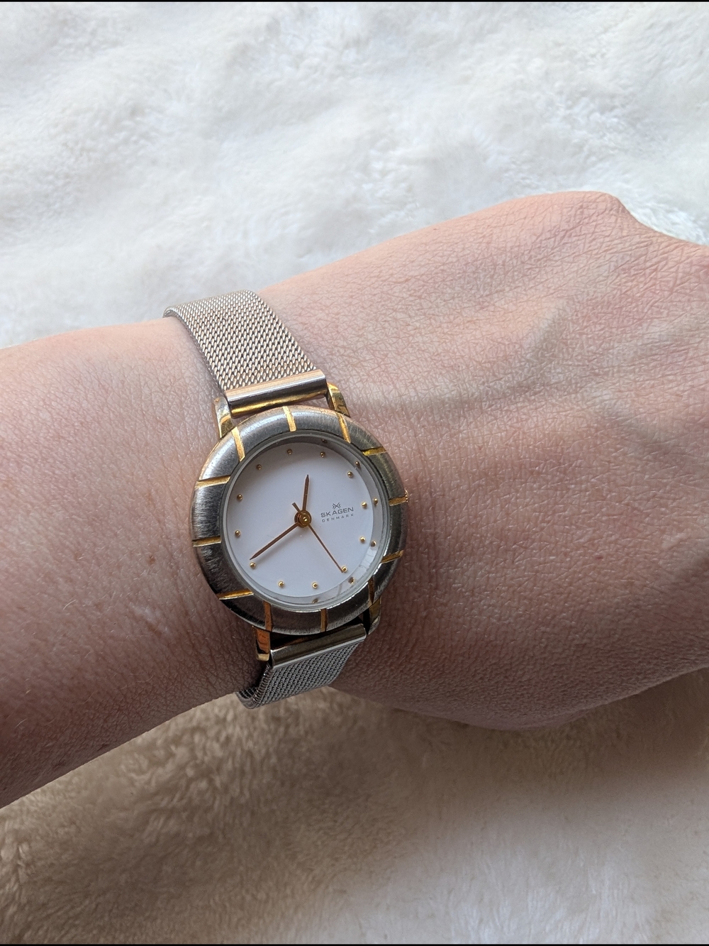 Skagen Two-Tone Gold and Silver Mesh Wristwatch - White Dial